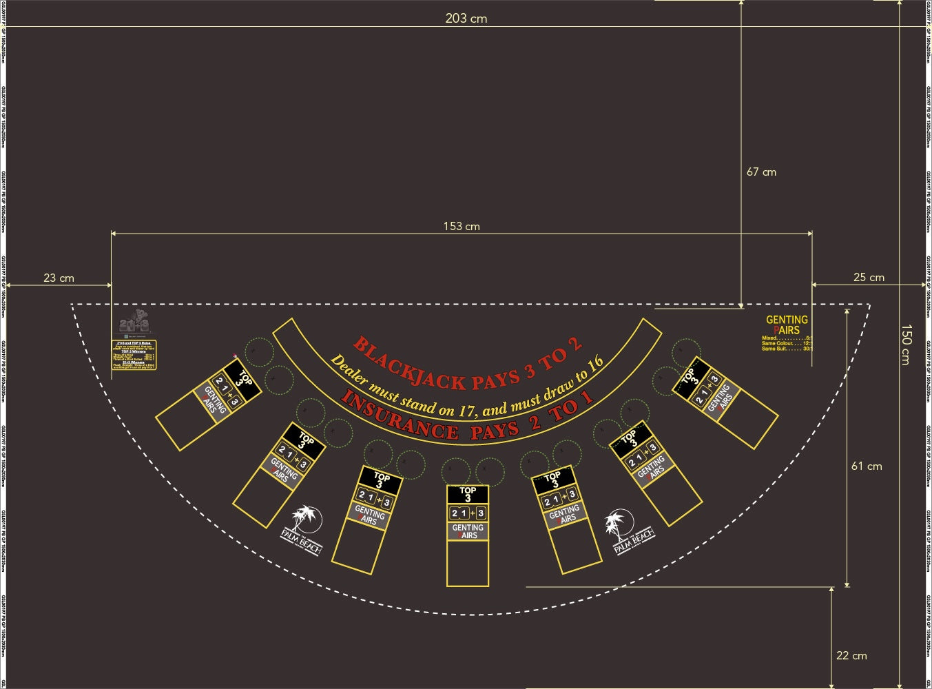 Layout BJ Genting Pairs, 21+3, Top3, Blazing 7s, Palm Beach Charcoal