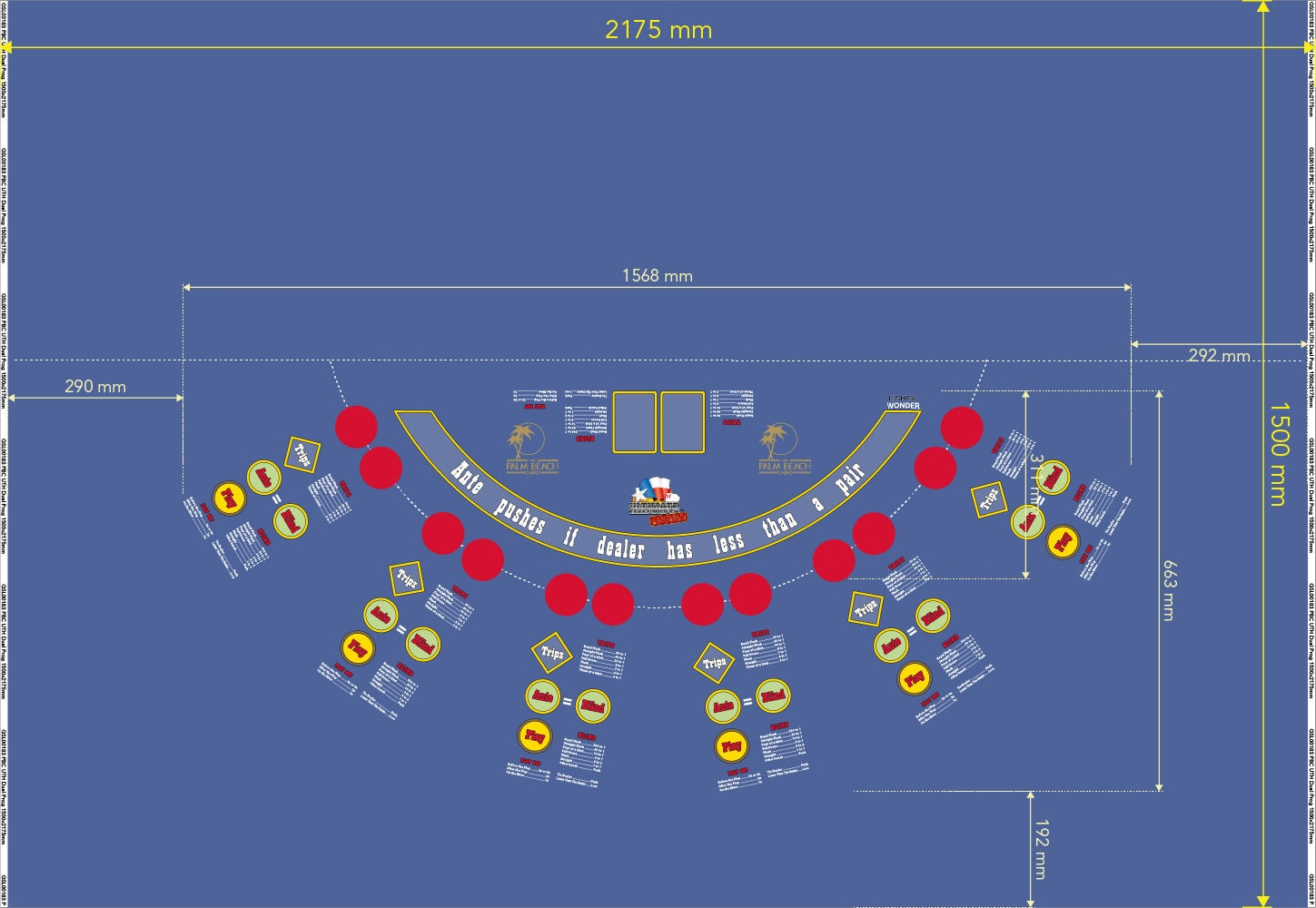 Layout UTH Ultimate Texas Holdem Poker, 6 Player, Palm Beach Cairo, Blue