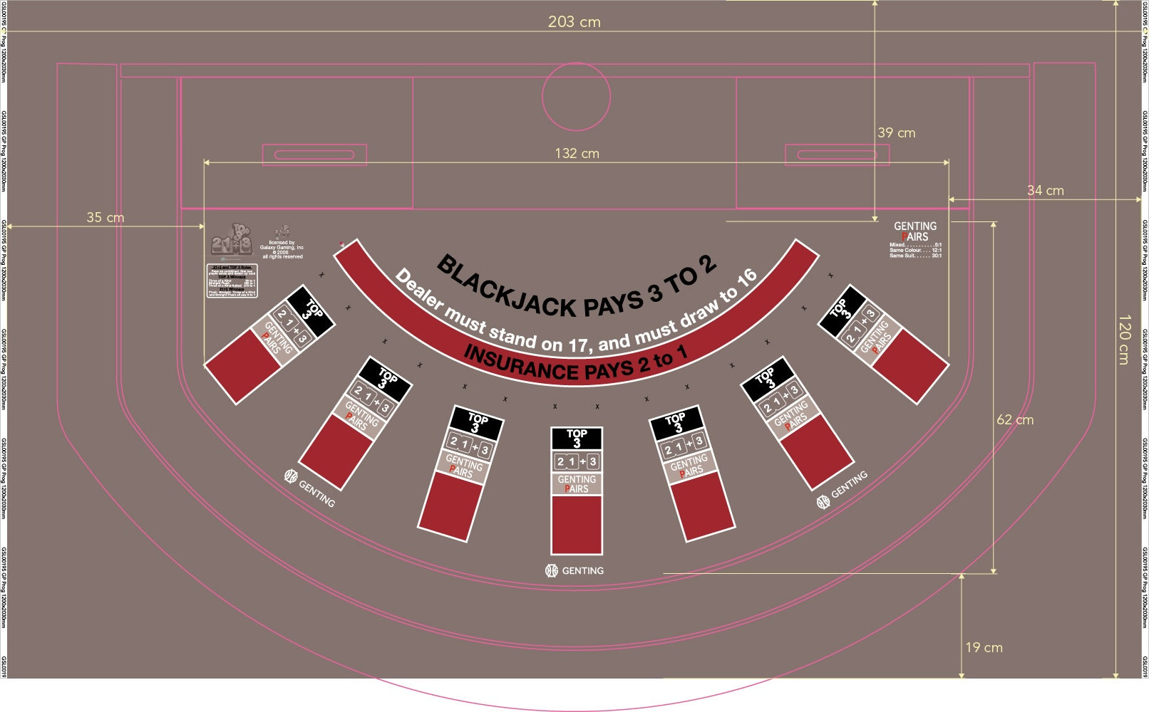 Layout BJ Genting Pairs, 21+3, Top3, Blazing 7s, Snub table