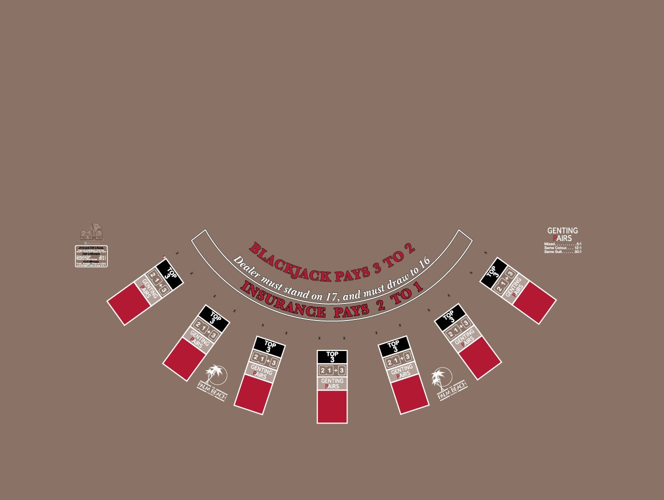 Layout BJ Genting Pairs, 21+3, Top3, Blazing 7s, Palm Beach Grey