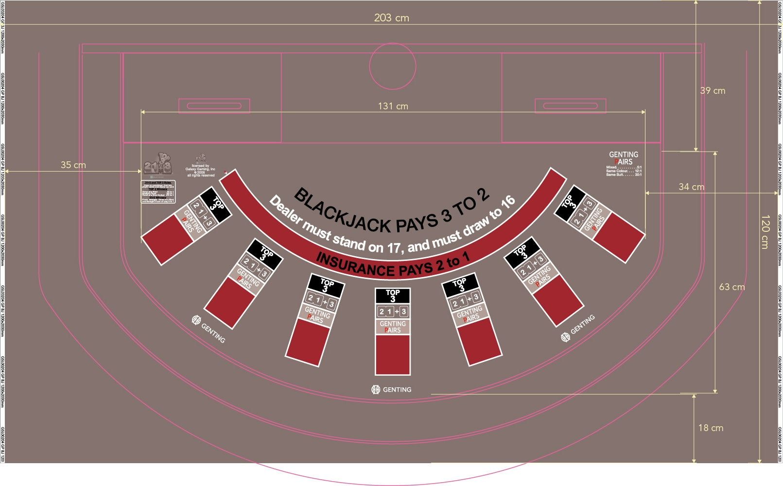 Layout BJ Genting Pairs, 21+3, Top3, Snub table